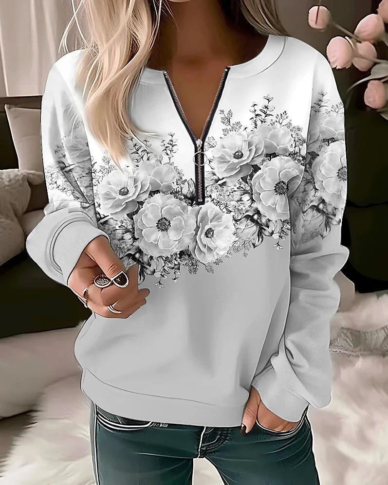 Stylish Women’s Flower Print Hoodie: Casual Zip-Up for Fashion Lovers