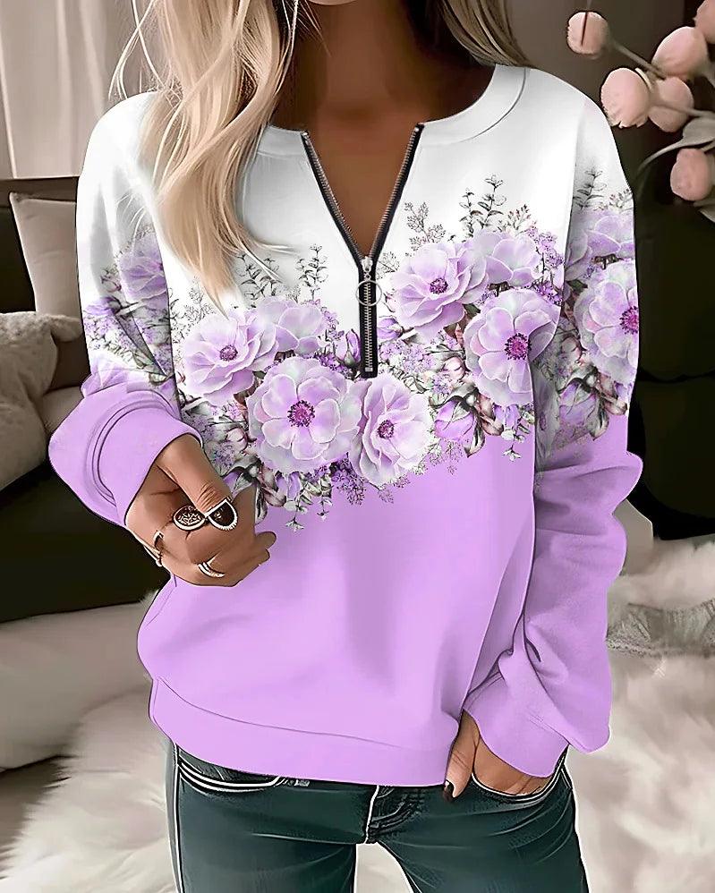 Stylish Women’s Flower Print Hoodie: Casual Zip-Up for Fashion Lovers