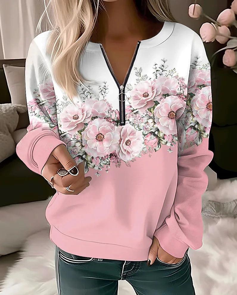 Stylish Women’s Flower Print Hoodie: Casual Zip-Up for Fashion Lovers