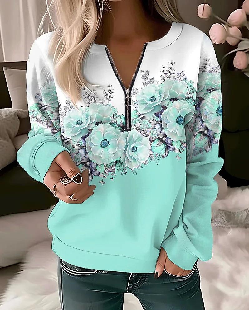 Stylish Women’s Flower Print Hoodie: Casual Zip-Up for Fashion Lovers