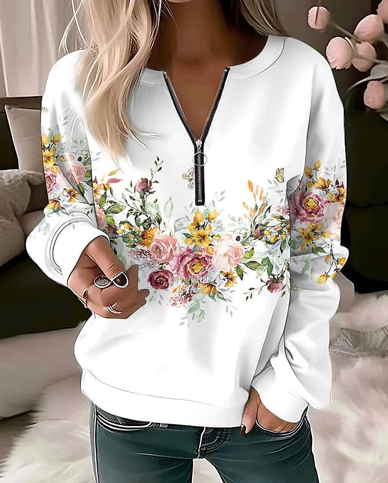 Stylish Women’s Flower Print Hoodie: Casual Zip-Up for Fashion Lovers