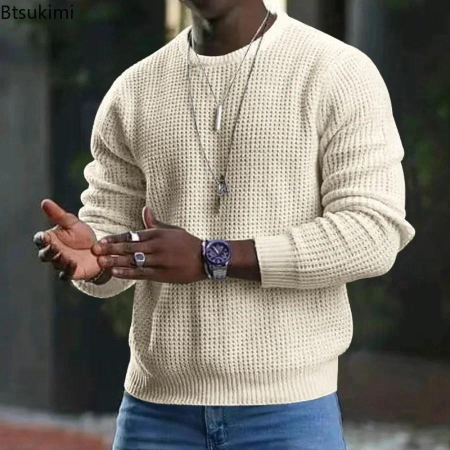 2025 Men’s Casual Waffle Knit Sweater: Solid O-neck Pullover