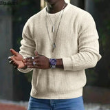 2025 Men’s Casual Waffle Knit Sweater: Solid O-neck Pullover